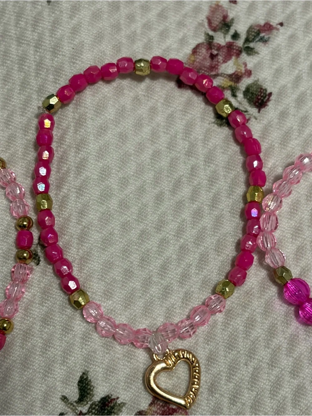 Barbie Pink Beaded Bracelet Trio with Heart & Initial Charms